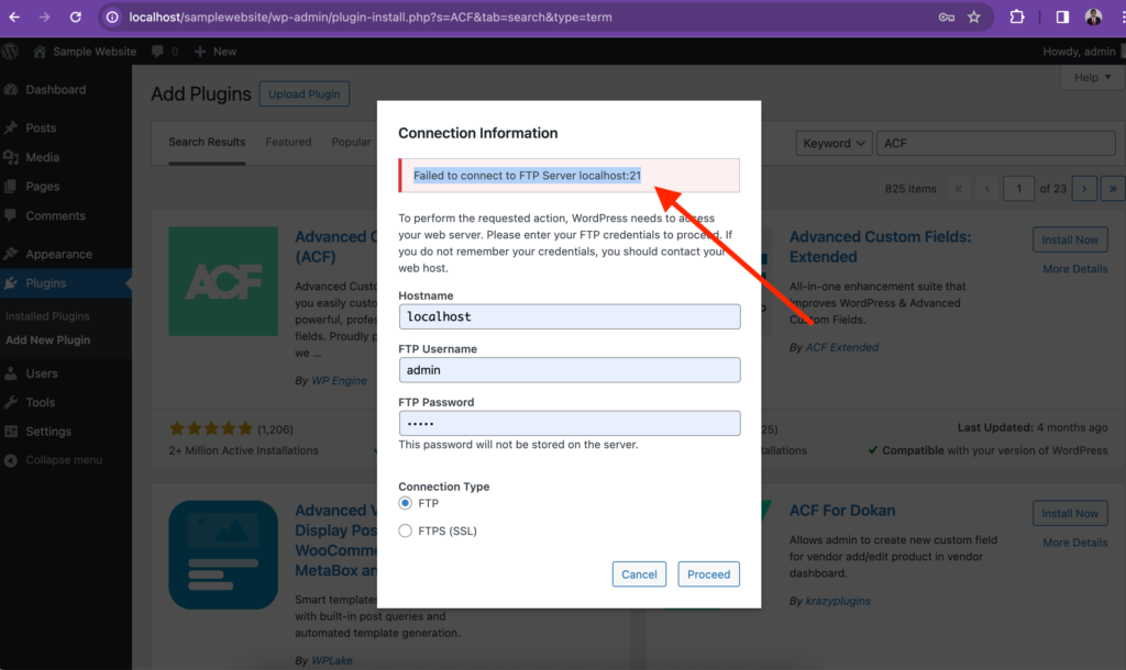 Failed to connect to FTP Server localhost:21