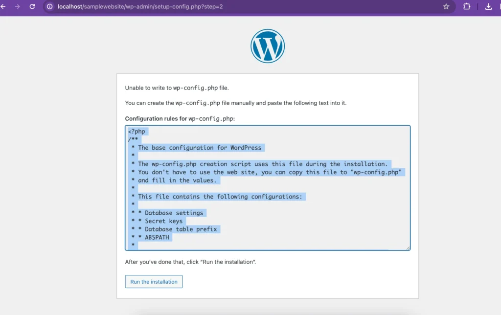 Unable to write to wp-config.php. file.